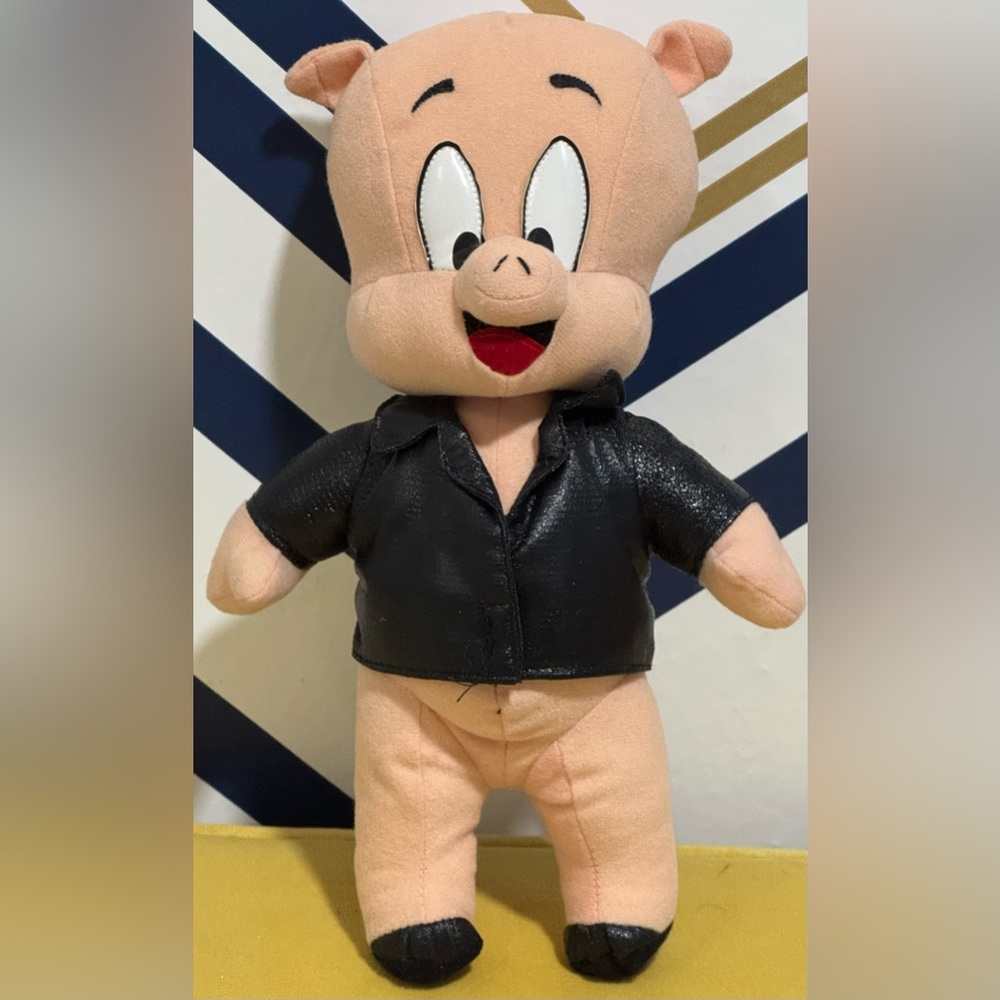 Vintage 1996 Looney Tunes Porky Pig in a Leather Jacket Plush Toy